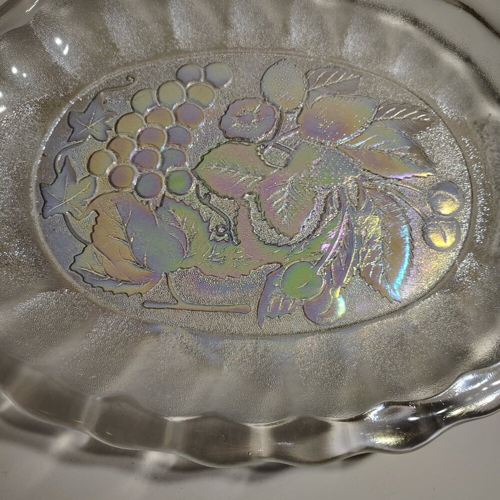 Vintage Carnival Glass Serving Platter Large Oval Shaped Clear Fruits Iridescent